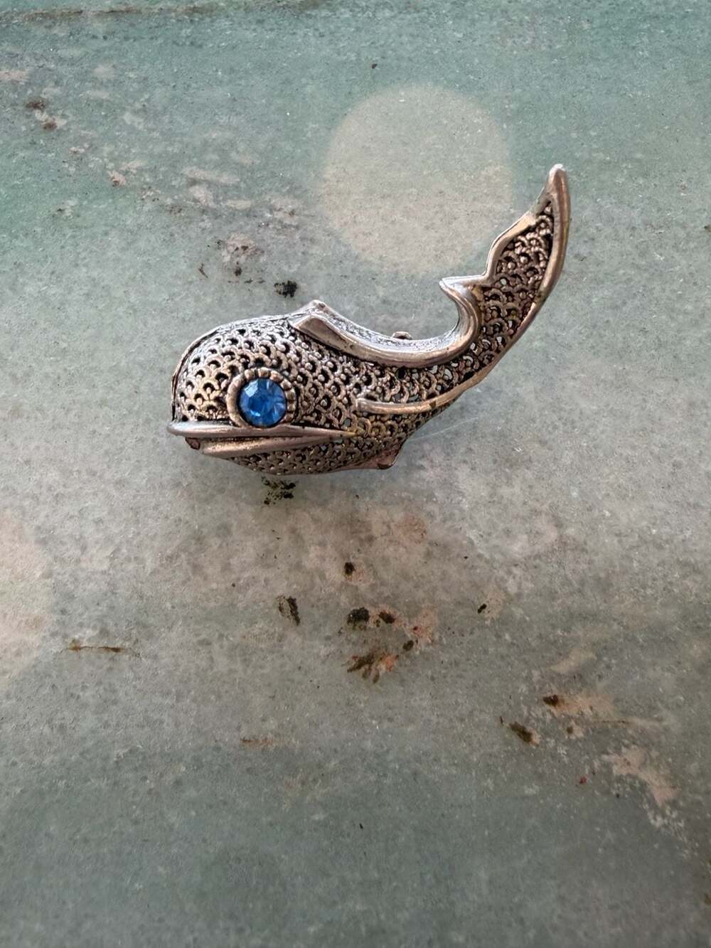 Vintage Pewter Whale Brooch With Blue Rhinestone Eye
